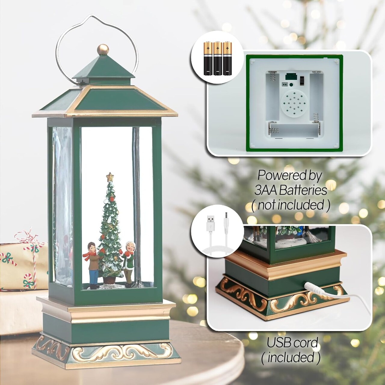 12" Christmas Snow Globe Lantern with Christmas Tree - Water Swirling Glitter LED Light Lantern with Music - Vintage Xmas Gifts - USB Plug or Battery Operated Home Decor (Christmas Tree)